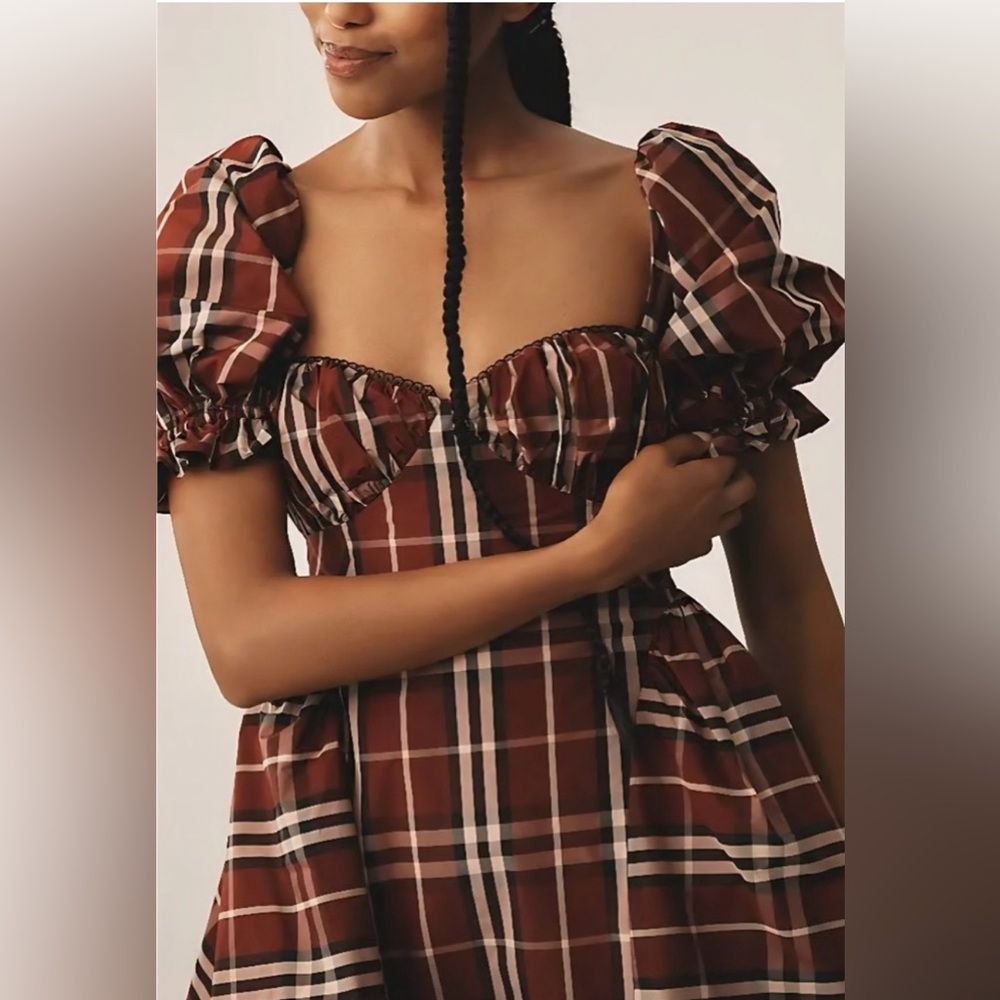 Anthropologie Maeve Red Plaid Mini Dress/Puff Sleeves